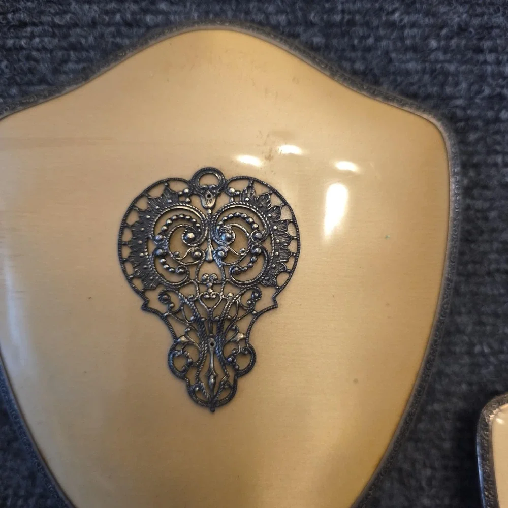 Vintage Vanity Hand Mirror Brush Set Of 2 Ornate Silver Tone Yellow Floral Decor